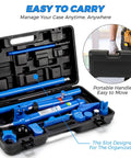 Heavy Duty 12 Ton Hydraulic Porta Power Pump With 4.6 Foot Hose And Steel Storage Case inside organized black case with portable handle.