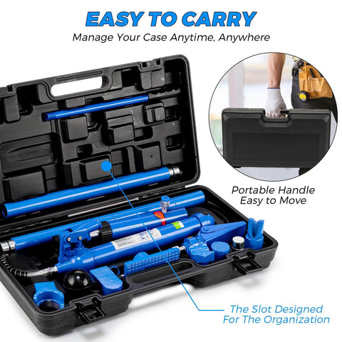 Heavy Duty 12 Ton Hydraulic Porta Power Pump With 4.6 Foot Hose And Steel Storage Case inside organized black case with portable handle.
