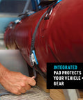 CamJam Tie Down Straps Pack of 2, securing red kayak with integrated pad protecting vehicle