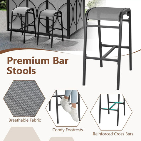 Close-up of premium bar stools with breathable fabric and comfy footrests, part of Outdoor Patio Bar Set With Grill Gazebo And Two Bar Stools.