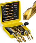13 Piece HSS Titanium Coated Drill Tap Bit Set For Drilling Tapping And Countersinking SAE And Metric in yellow storage case