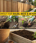 Garden auger drill bit for planting—collage showing wooden fence backdrop, digging hands, and raised-bed soil.