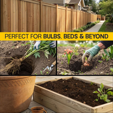 Garden auger drill bit for planting—collage showing wooden fence backdrop, digging hands, and raised-bed soil.