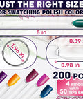 200 Pcs Nail Swatch Sticks Clear Gel Polish Swatches On Metal Ring Display with size dimensions shown.