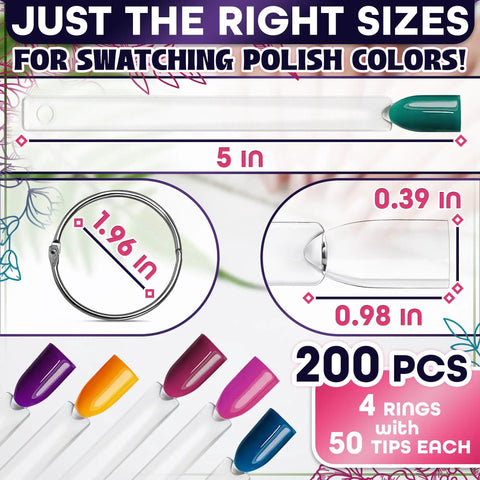 200 Pcs Nail Swatch Sticks Clear Gel Polish Swatches On Metal Ring Display with size dimensions shown.
