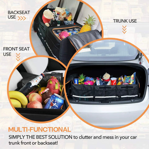 Large Trunk Organizer With Built In Leakproof Cooler Bag 2 Tie Down Straps 4 Removable Dividers Foldable Cover 2mm PE Board Durable 600D Oxford Exterior shown in car trunk and backseat with groceries and camping gear organized.