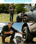 Man using Self Service Emergency Tire Repair Kit With 60 Rubber Nail Plugs And Screwdriver to fix car tire in field