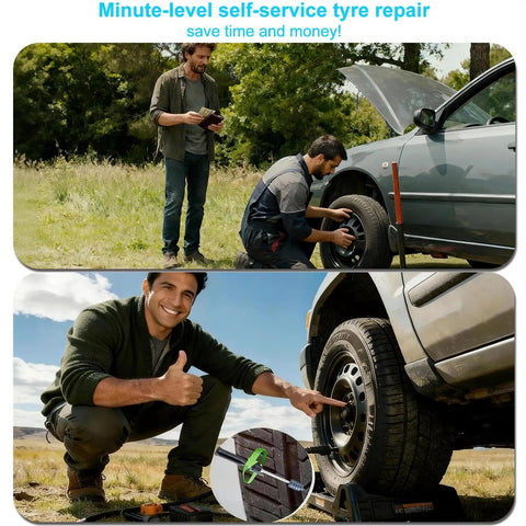 Man using Self Service Emergency Tire Repair Kit With 60 Rubber Nail Plugs And Screwdriver to fix car tire in field