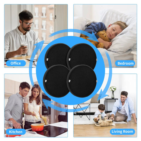 4 Pack Halo Replacement Filters For PureZone Halo Purifier PEAIRDSK with usage scenarios in office, bedroom, kitchen, living room.