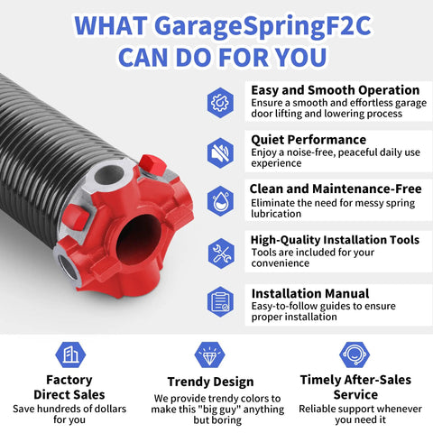 Heavy-Duty Garage Door Torsion Springs Set 225-2-25, 2-Inch Inside Diameter by 25-Inch Length with red hub and features list