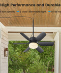 Outdoor 20.5 Inch Plug-In Ceiling Fan With Light For Gazebo And Patio-Ready Canopy Tent Porch Or RV - Five Speeds With Remote Control And Memory Function Adjustable Lighting 16.4 Ft Cord 110V US Plug Black displaying under a porch ceiling.