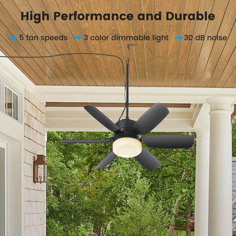 Outdoor 20.5 Inch Plug-In Ceiling Fan With Light For Gazebo And Patio-Ready Canopy Tent Porch Or RV - Five Speeds With Remote Control And Memory Function Adjustable Lighting 16.4 Ft Cord 110V US Plug Black displaying under a porch ceiling.