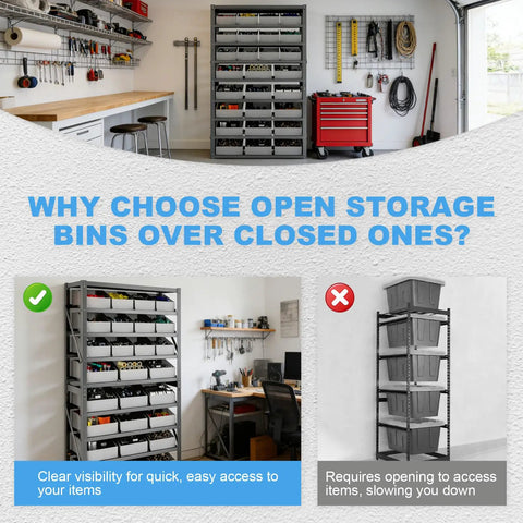 8 Tier Heavy Duty Steel Storage Rack With 27 Bins Shelving Unit installed in garage, showcasing open storage for easy access to tools.