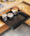 Knockout Heavy Duty Pull Out Cabinet Organizer With Dang Easy Setup And Tough Nano Adhesive For Smooth Glide Pot And Pan Storage holding pots in black rack.