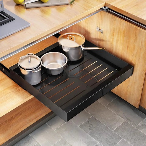 Knockout Heavy Duty Pull Out Cabinet Organizer With Dang Easy Setup And Tough Nano Adhesive For Smooth Glide Pot And Pan Storage holding pots in black rack.