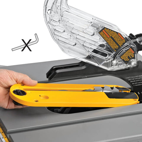 Close-up of Compact Portable Jobsite Table Saw With Fifteen Amp Motor And Eight And A Quarter Inch Cut Capacity showing guard storage