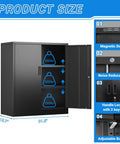 Locking Metal Storage Cabinet With Two Adjustable Shelves 36 Inch High with three 150lbs capacity tiers and detailed features shown.