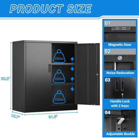 Locking Metal Storage Cabinet With Two Adjustable Shelves 36 Inch High with three 150lbs capacity tiers and detailed features shown.
