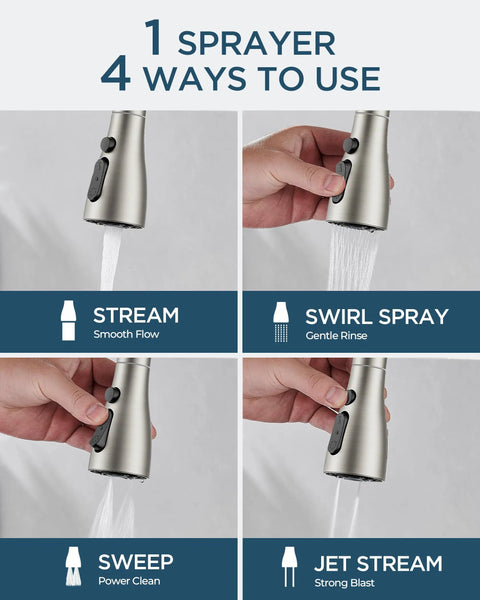 Slick High Arc Kitchen Faucet With Pull Down Sprayer In Brushed Nickel Finish showing 4 spray modes: stream, swirl spray, sweep, and jet stream.