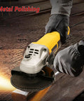 Person using Beast 5 Inch Angle Grinder with 10 Amp 1280W Motor, Six Variable Speeds for metal polishing in workshop.