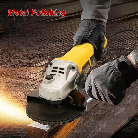 Person using Beast 5 Inch Angle Grinder with 10 Amp 1280W Motor, Six Variable Speeds for metal polishing in workshop.