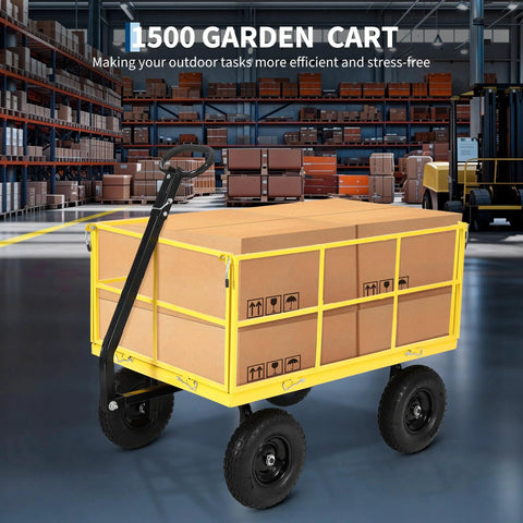 Heavy Duty Steel Garden Cart Wagon 1500 Lb Capacity With 3 In 1 Utility Yard Trailer in warehouse loaded with boxes