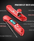 Instant Read Digital Meat Thermometer With Backlit Auto Rotating Display, 4.6 Inch Probe, visible product details in red color.