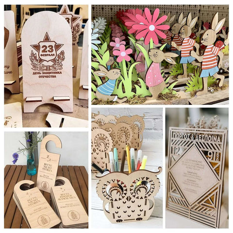 Three-pack basswood sheets for laser cutting; unfinished 12x12 inch boards used to create signs, animal cutouts, and crafts.