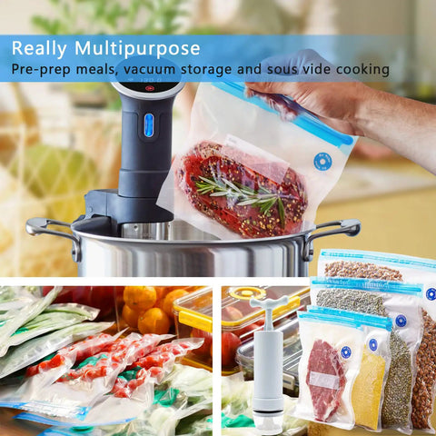 Set Of 40 BPA Free Reusable Sous Vide Vacuum Bags With Air Valve Freezer Safe Storage with hand pump by a sous vide cooker