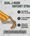 Tough As Nails Heavy Duty Ratchet Straps 2 Pack 2 Inch By 20 Feet Tie Down Gear showing a galvanized dual J-hook with 1760 lbs breaking strength.