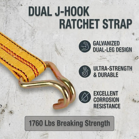 Tough As Nails Heavy Duty Ratchet Straps 2 Pack 2 Inch By 20 Feet Tie Down Gear showing a galvanized dual J-hook with 1760 lbs breaking strength.