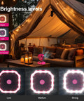 Portable Camping Fan With LED Lantern And 20000mAh Battery in pink, showing brightness levels in a tent setting