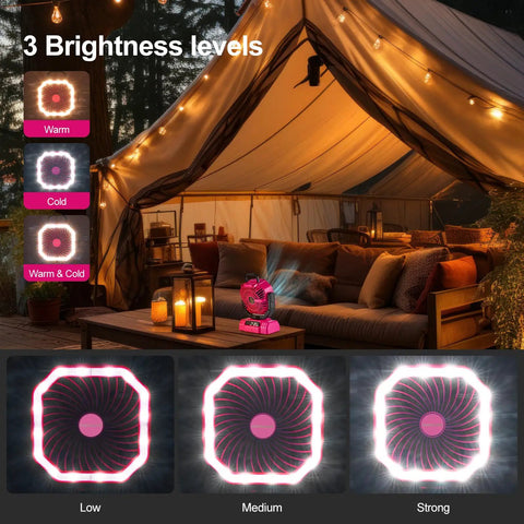 Portable Camping Fan With LED Lantern And 20000mAh Battery in pink, showing brightness levels in a tent setting
