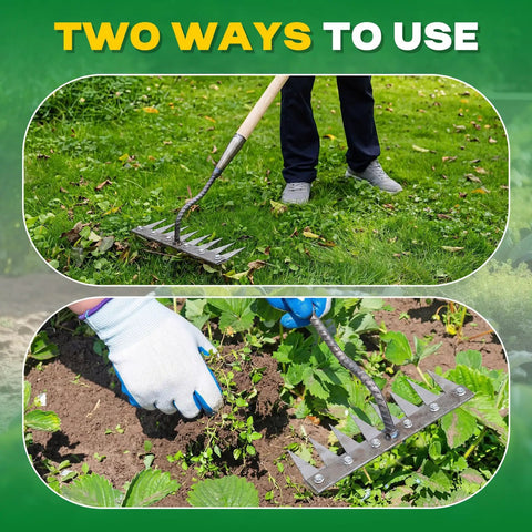 Two ways to use Beast 8 Teeth Garden Weeding Rake Heavy Duty Carbon Steel Weed Puller Tool With Gloves in garden