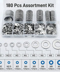 Rock Solid 304 Stainless Steel Flat Washers Heavy Duty Assorted Metric Hardware Kit With M2 Through M10 Sizes in clear organizer box.