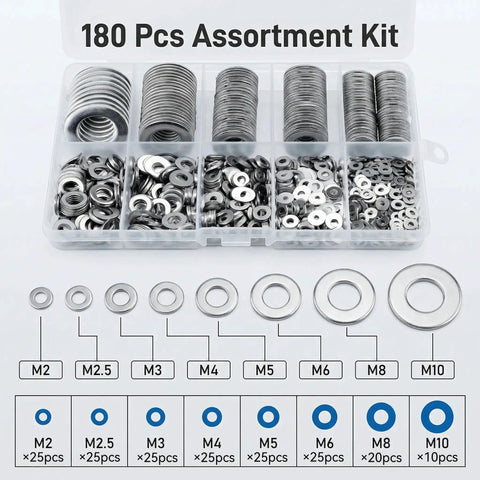 Rock Solid 304 Stainless Steel Flat Washers Heavy Duty Assorted Metric Hardware Kit With M2 Through M10 Sizes in clear organizer box.