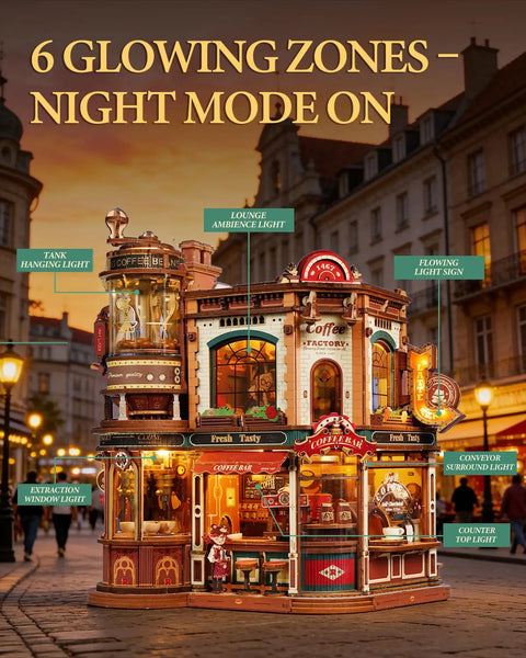 Moving Dream Coffee Factory Kit That Actually Runs A Tiny Miniature Coffee Plant Scene With Music Box And LED Lights No Glue Kinetic 3D Wood Puzzle For Adults A Totally Fun Modern Home Decor Gift For Women And Men, lit coffee factory model