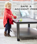 Tot Friendly Corner And Edge Guard Protector Set Includes Sixteen Pre Taped Furniture Bumpers For Tables And Counters Brown, child playing near a table.
