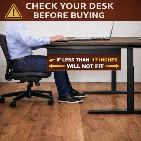 Warning to check desk height for Built Like a Tank Heavy Duty Under Desk Drawer Slide Out, ensuring fit for 23.6 Inch bin.