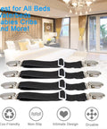 Adjustable Bed Sheet Fasteners 4 Pack with Elastic Straps and Clips in black displayed on a bed background