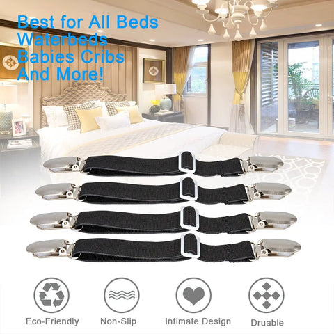 Adjustable Bed Sheet Fasteners 4 Pack with Elastic Straps and Clips in black displayed on a bed background
