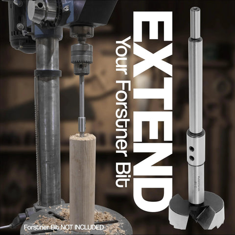 Installed Fulton Forstner Bit Extension on a drill press; heavy-duty steel 3/8 inch extension adds up to 8.5 inch drilling depth
