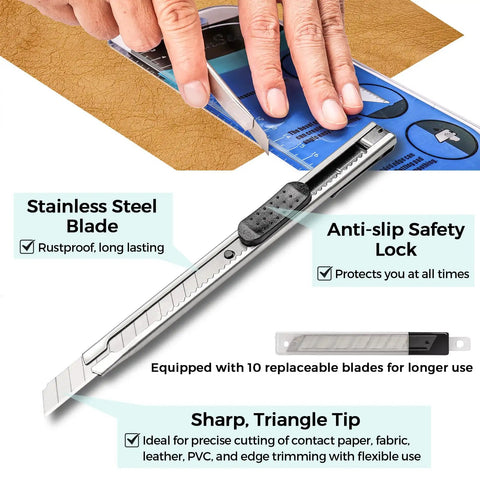 Pro Gear Wallpaper Tools Kit With Seam Roller For Flat And Corner Edges showing a craft knife with 10 replaceable blades.