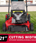 21 Inch Self Propelled Gas Lawn Mower With 140cc Briggs And Stratton Engine, 3 In 1 Mulch Bag Side Discharge, Six Cutting Heights, Durable Steel Deck, Rear Wheel Drive, ReadyStart For Easy Starts, front view on grass