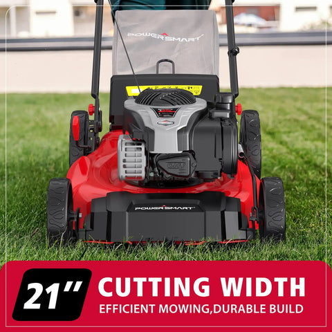 21 Inch Self Propelled Gas Lawn Mower With 140cc Briggs And Stratton Engine, 3 In 1 Mulch Bag Side Discharge, Six Cutting Heights, Durable Steel Deck, Rear Wheel Drive, ReadyStart For Easy Starts, front view on grass