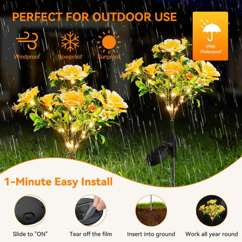 Go To Solar Carnation Flower Lights For Outdoor Garden Decor Waterproof IP65, Warm White 3200K LEDs, solar powered lighting shown in rain