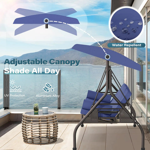 Three In One Outdoor Porch Swing Bed With Canopy Three Seat Patio Glider Cushioned Swing With Cup Holders And Pillows For Backyard Hangouts Porch Or Garden In Dark Blue with adjustable canopy, showing water repellent feature on porch.