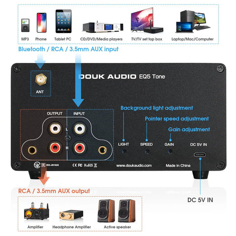 5 Band Bluetooth Equalizer Preamp For Home Stereo And Computer Speakers With VU Meter Dial In Tone Control rear panel, black metal chassis