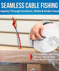 Hand demonstrating the transparent backing of a Fiberglass Fish Tape Rodder 100 Ft Non Conductive Cable Puller with red pointer.