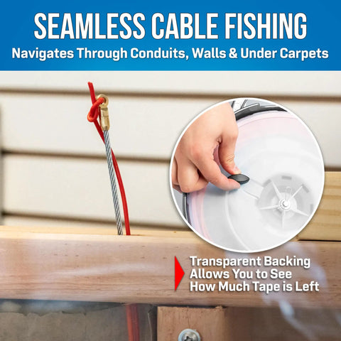 Hand demonstrating the transparent backing of a Fiberglass Fish Tape Rodder 100 Ft Non Conductive Cable Puller with red pointer.